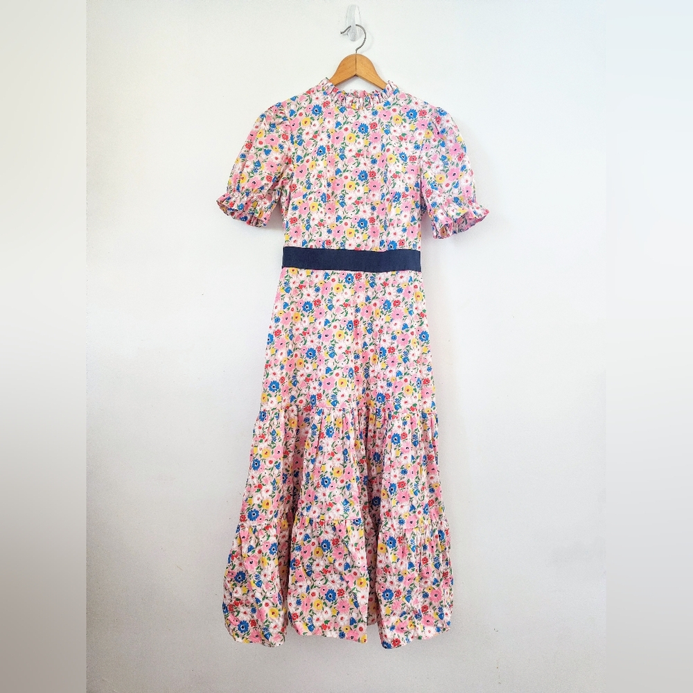 🌿 Boden Frill Neck Floral Midi Dress Milkshake Pink
